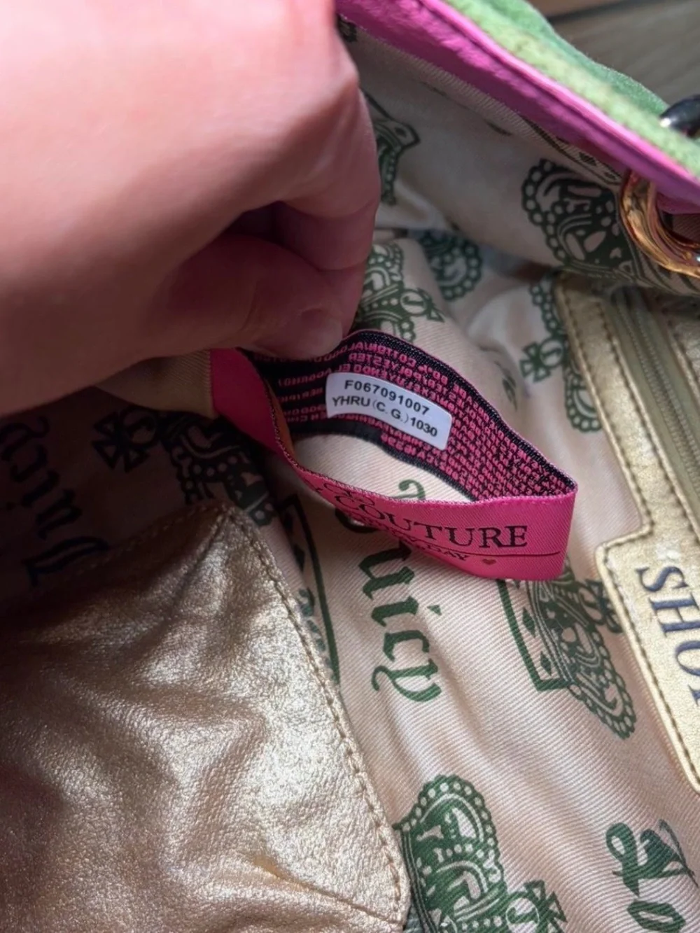 Juicy Couture Olive Green Suede Shoulder Bag with Pink Trim